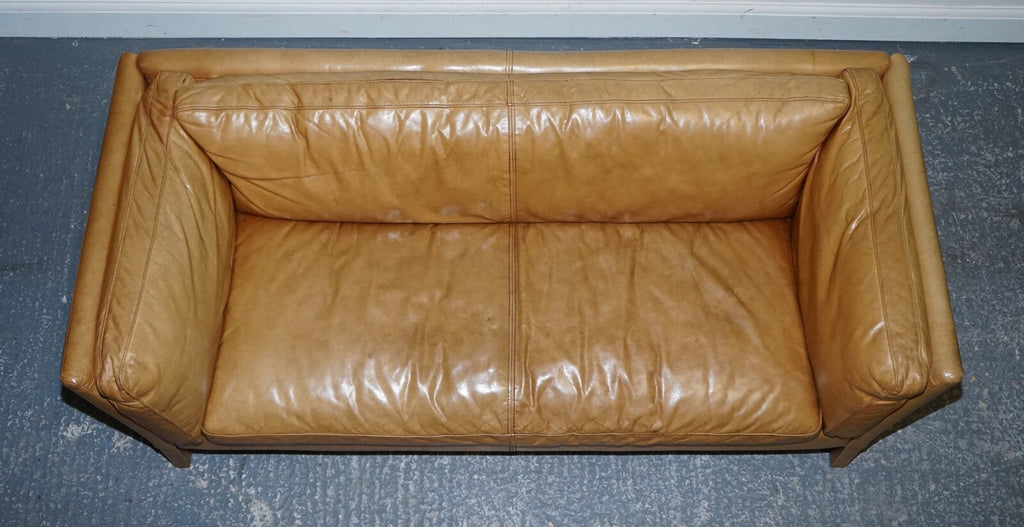 VERY COMFORTABLE CONTEMPORARY HALO GROUCHO BROWN TAN LEATHER TWO TO THREE SOFA