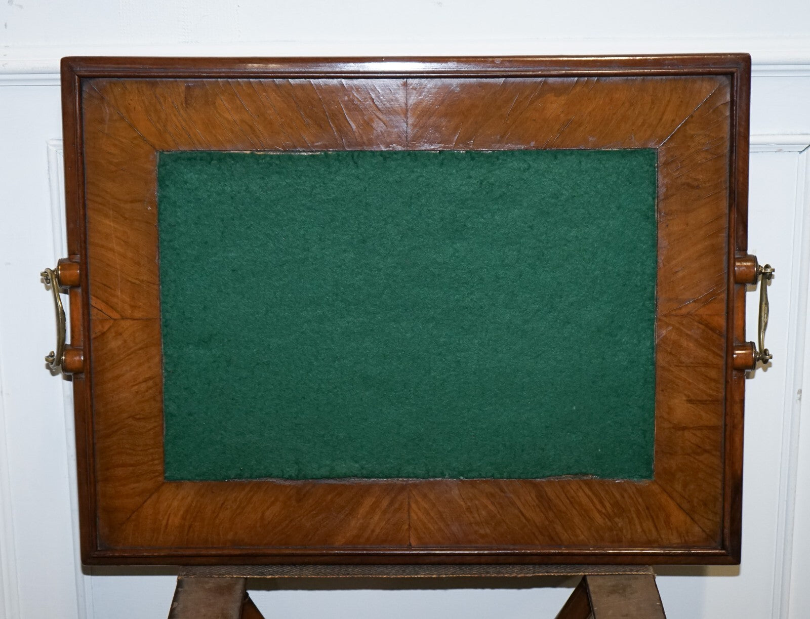 VICTORIAN DOUBLE SIDED SERVING TRAY ON BAMBOO STAND BRASS HANDLES MARQUETRY TOP