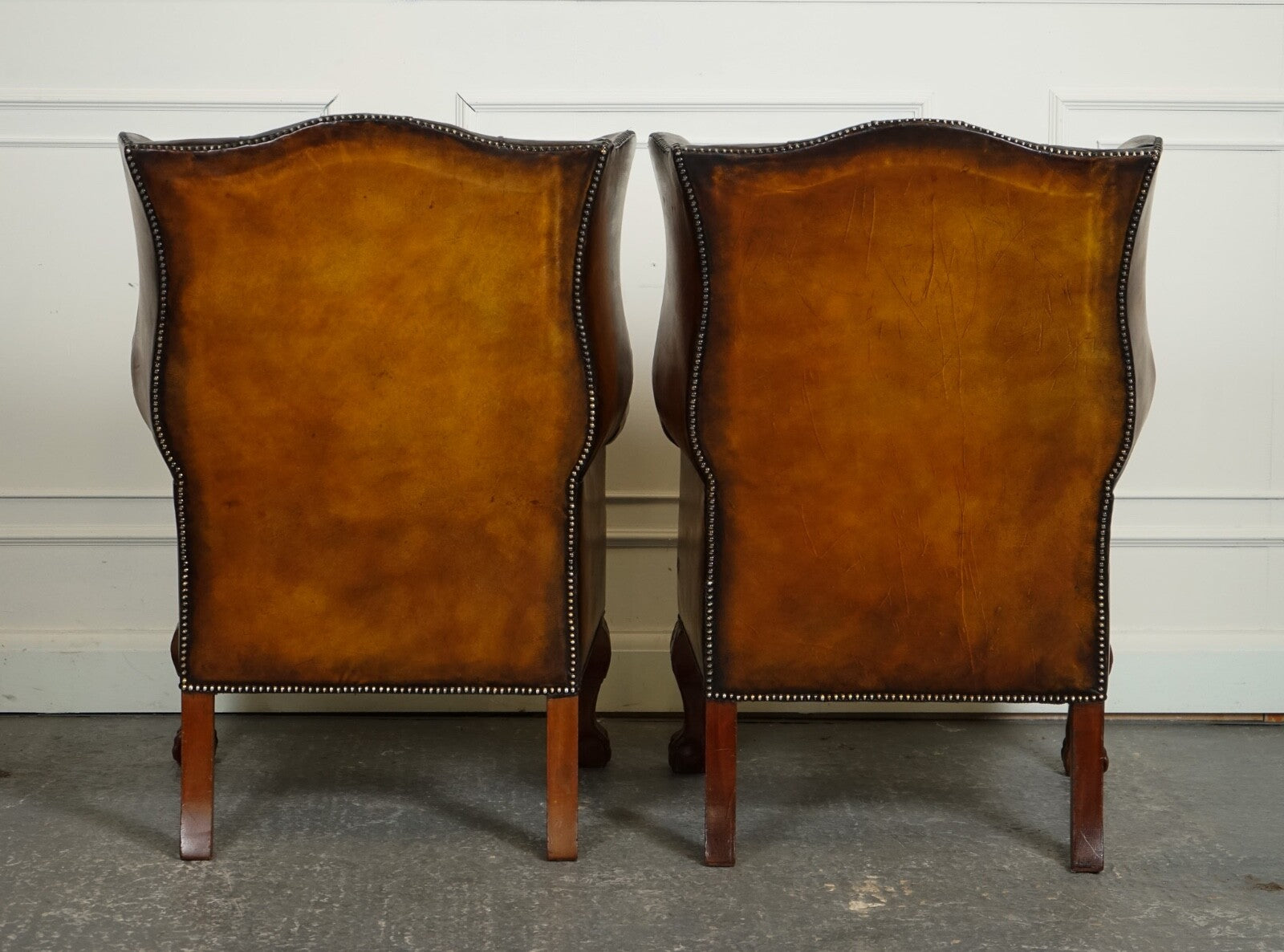 RESTORED PAIR OF HAND DYED BROWN LEATHER CHESTERFiELD WINGBACK ARMCHAIRS