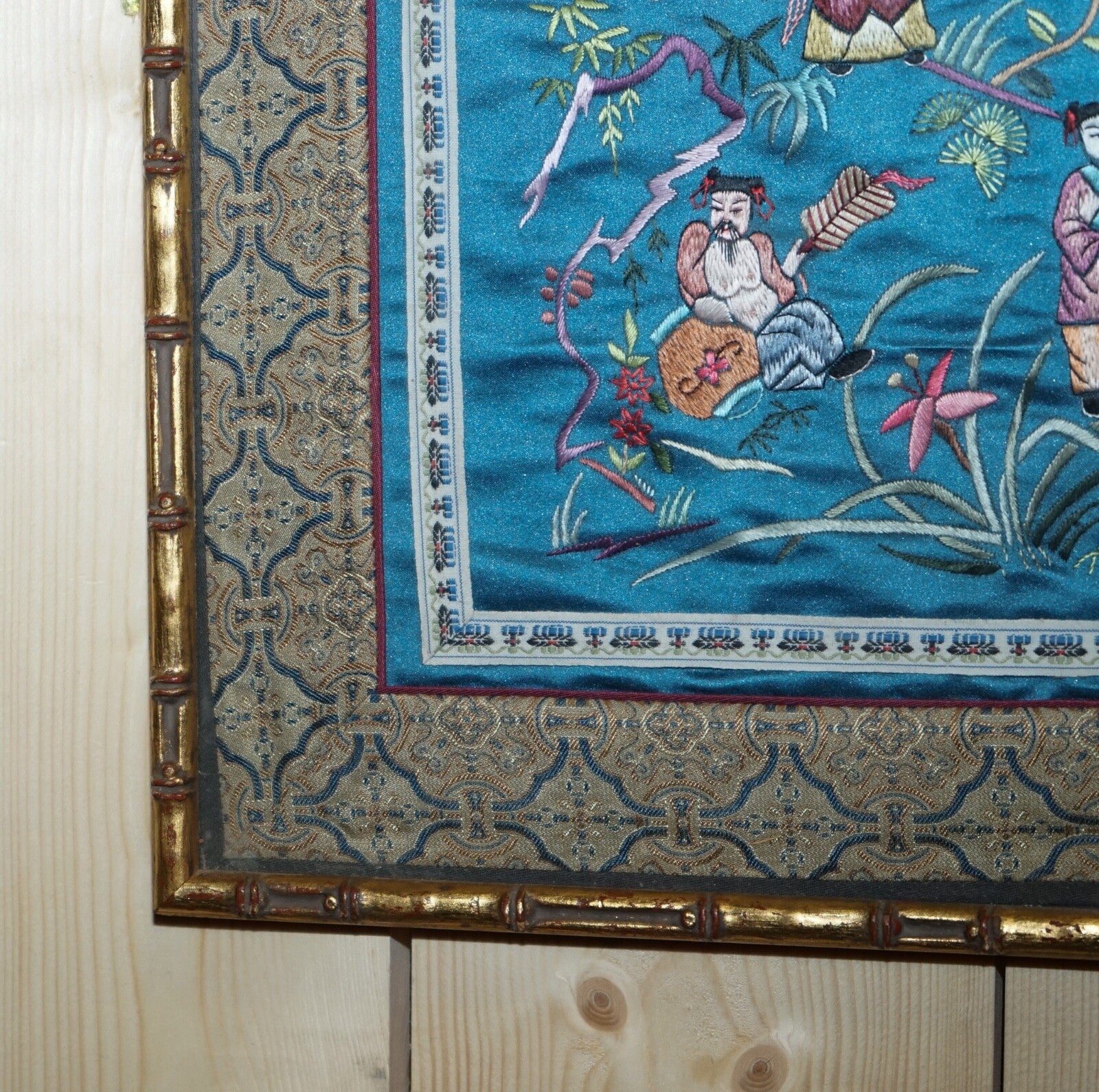 VINTAGE CHINESE HAND EMBROIDERED SILK TAPESTRY PANEL IN FAUX GILT BAMBOO FRAME
