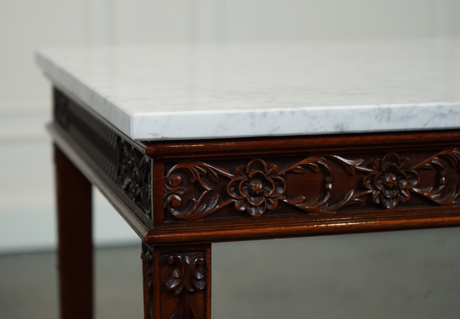 PAIR OF CHIPPENDALE STYLE CONSOLE TABLES WITH NEW WHITE CARRARA MARBLE TOPS