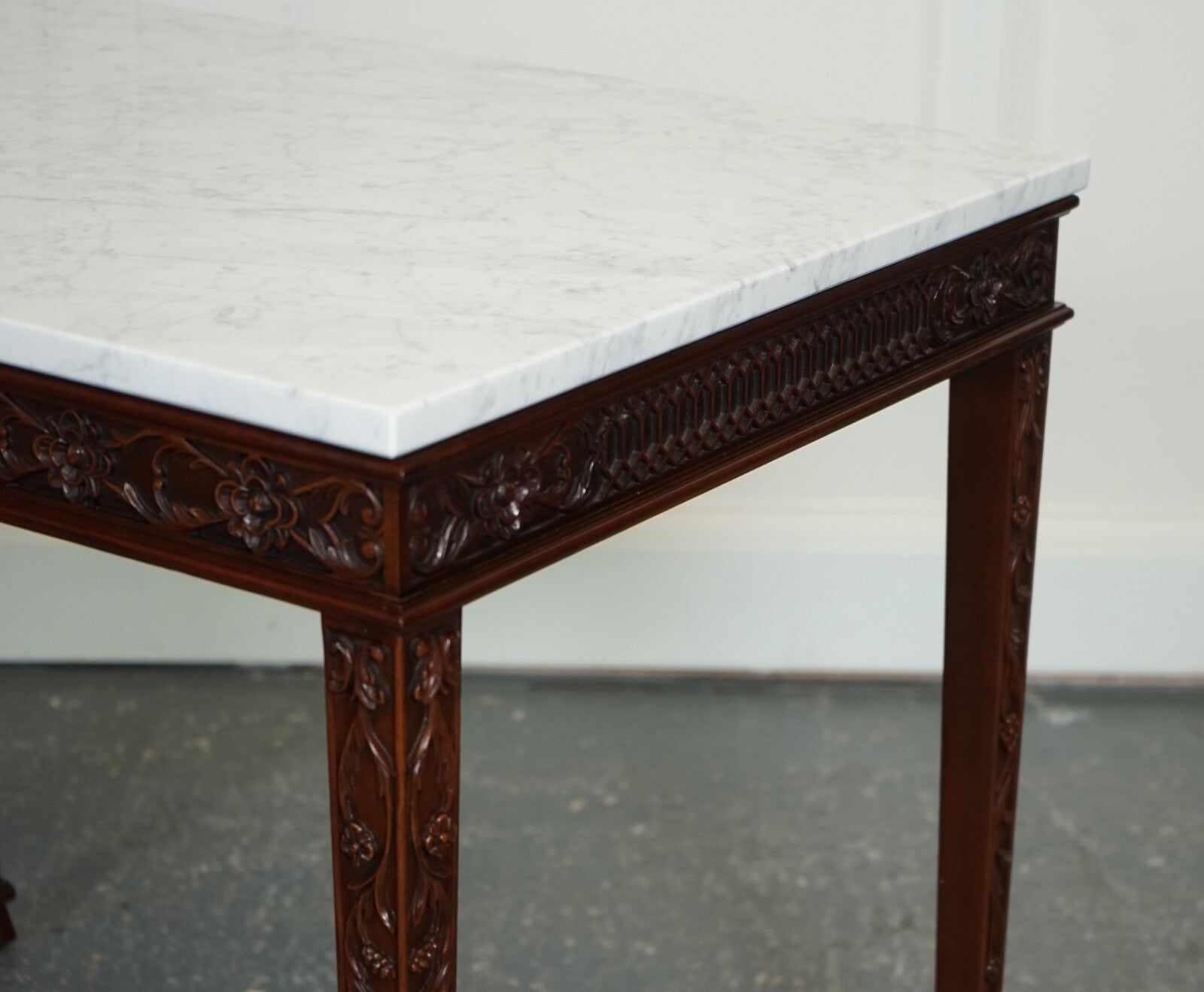 PAIR OF CHIPPENDALE STYLE CONSOLE TABLES WITH NEW WHITE CARRARA MARBLE TOPS