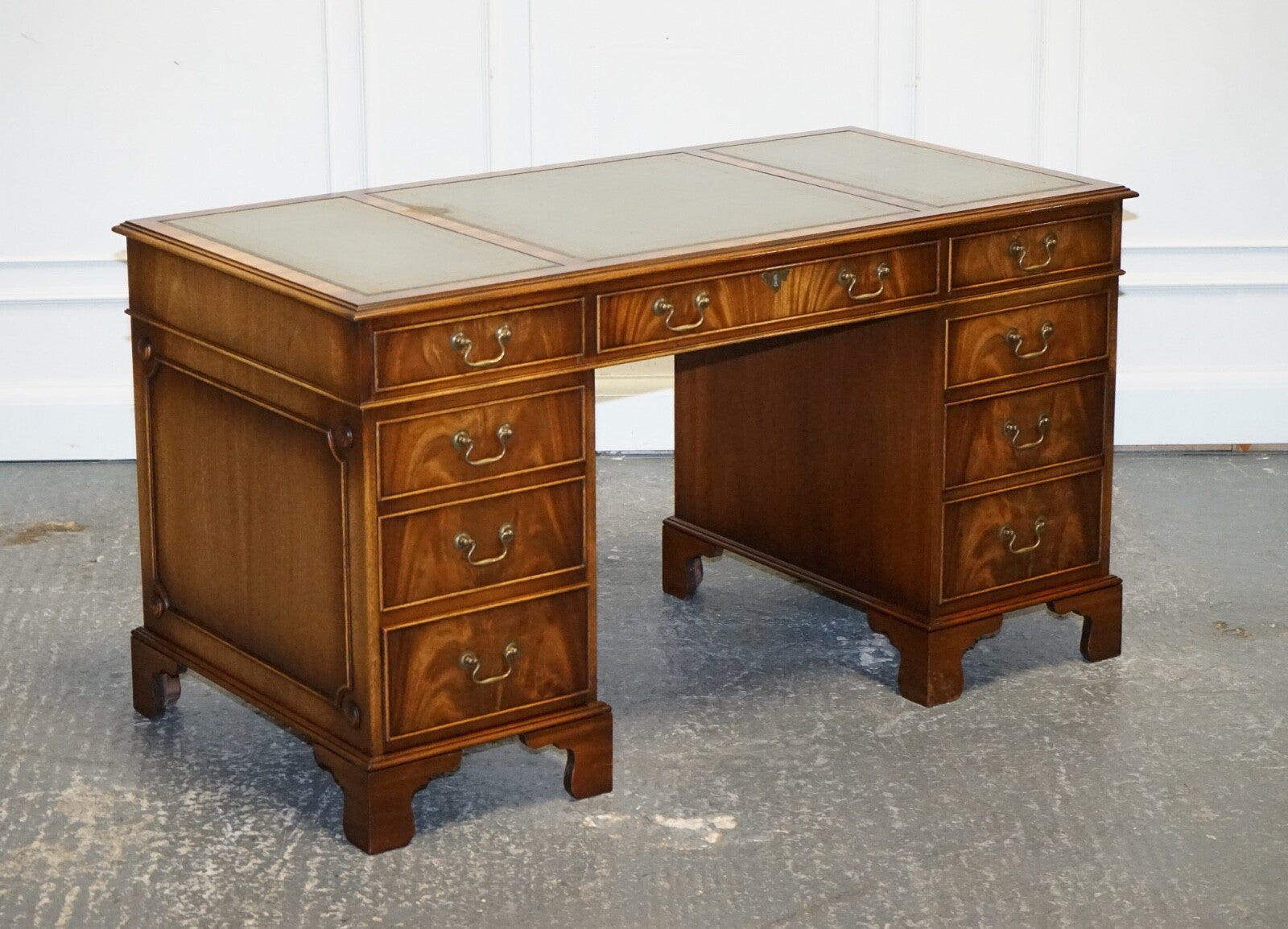 VINTAGE BEVAN FUNNELL SAGE BLUE GOLD EMBOSSED LEATHER TOP PEDESTAL DESK