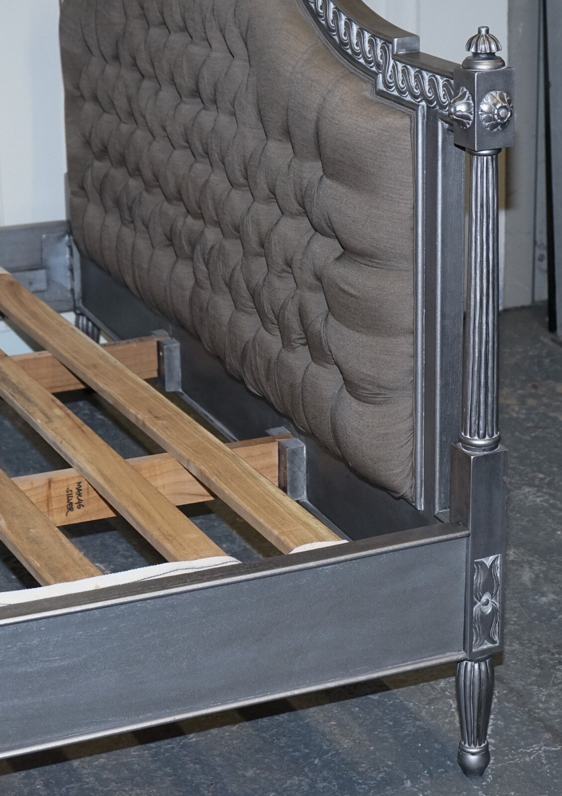 BEAUTIFUL FRENCH SILVER FRAME BUTTON BACKED KING SIZE WOODEN BED FRAME