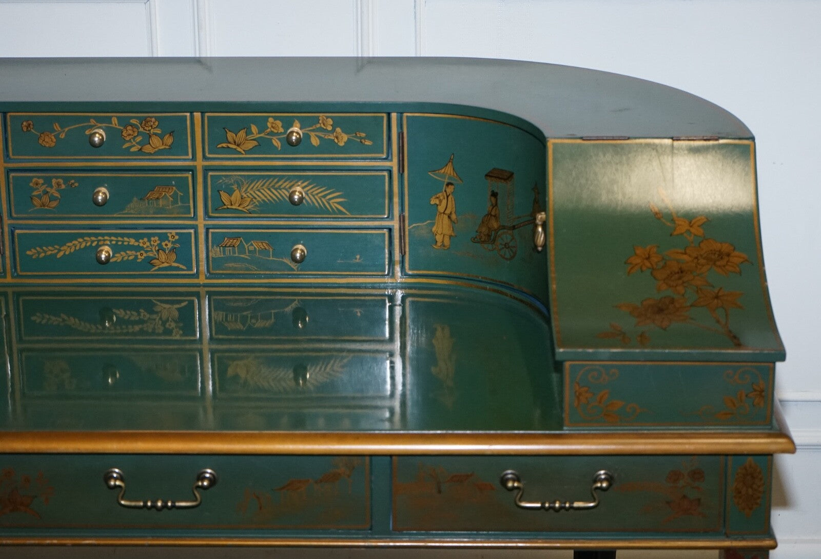 ORIENTAL CHINOISERIE GREEN & GOLD CARLTON DESK WITH MATCHING ARMCHAIR