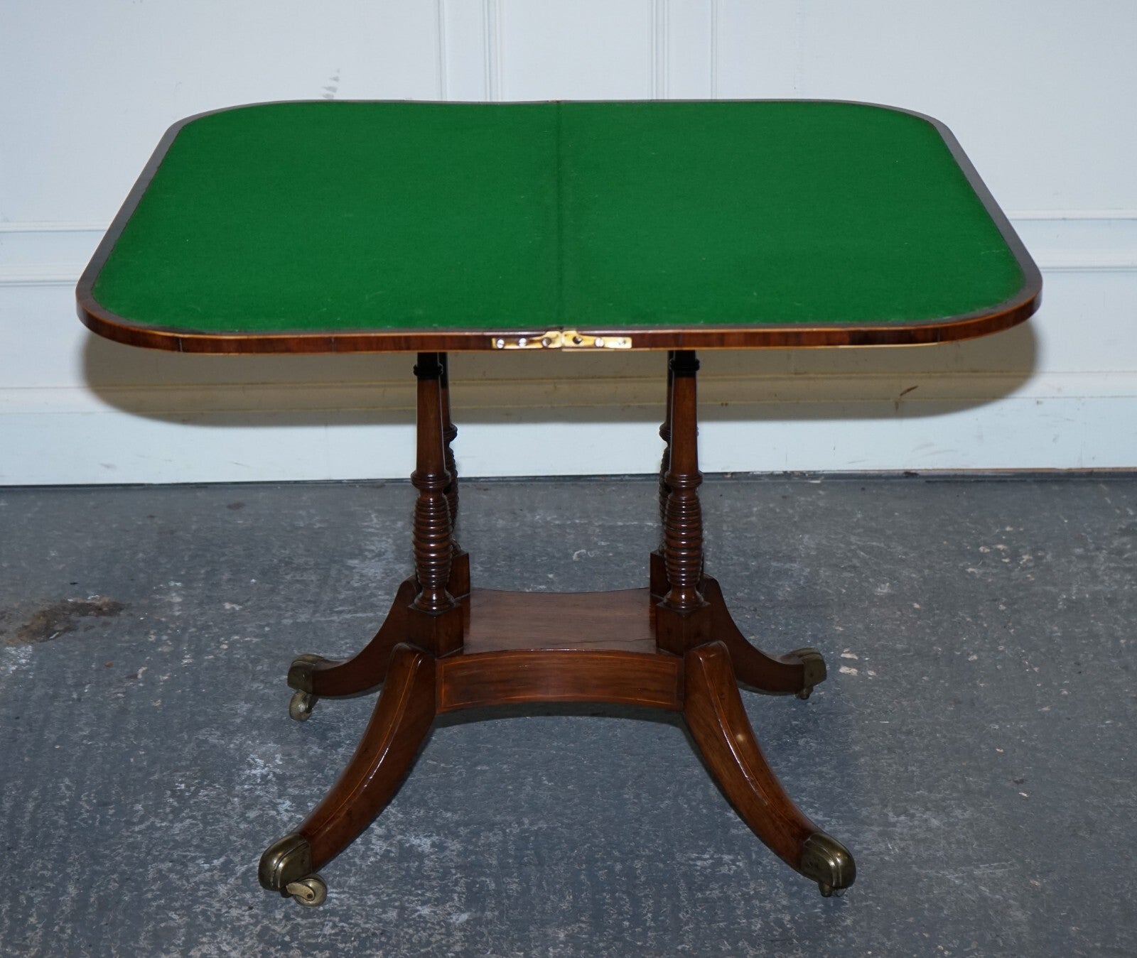 FULLY RESTORED GEORGIAN GAMES CARD FOLDING TABLE ON ORIGINAL BRASS CASTORS