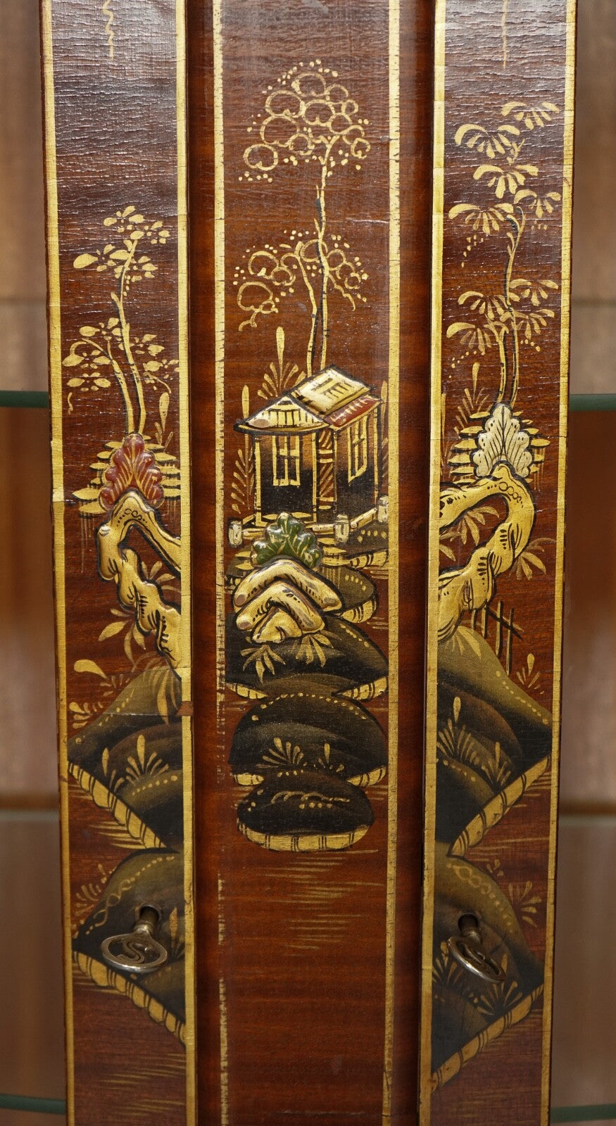 ORIENTAL CHINESE DWARF BOW FRONT DISPLAY CABINET WITH GLASS SHELVES