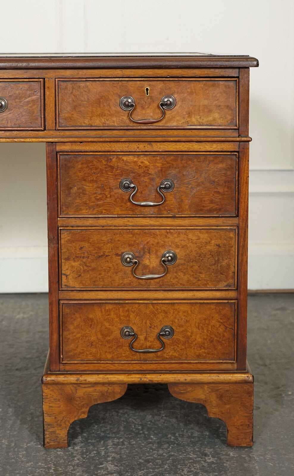 VINTAGE BURR WALNUT TWIN PEDESTAL BROWN LEATHER TOP DESK GOLD EMBOSSED TOOLING