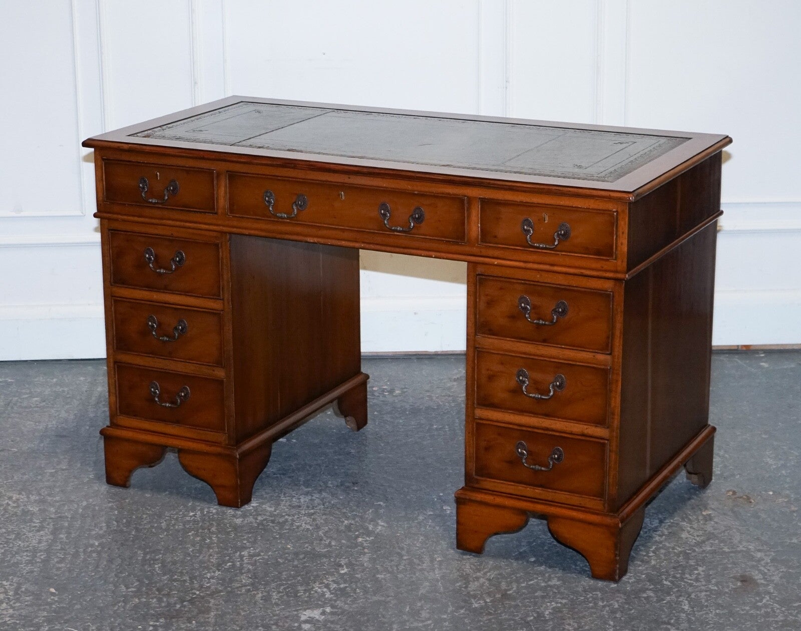 VINTAGE YEW WOOD TWIN PEDESTAL GREEN LEATHER TOP DESK