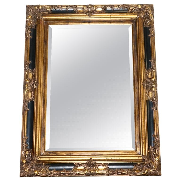STUNNING VICTORiAN BLACK & GOLD CARVED FRAME BEVELLED MIRROR