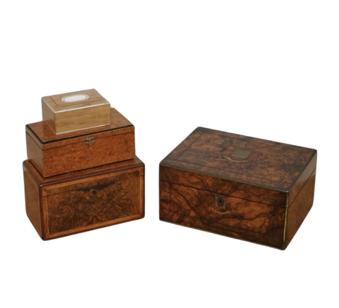 BEAUTIFUL SET OF VINTAGE BURR WALNUT SEWING STORAGE