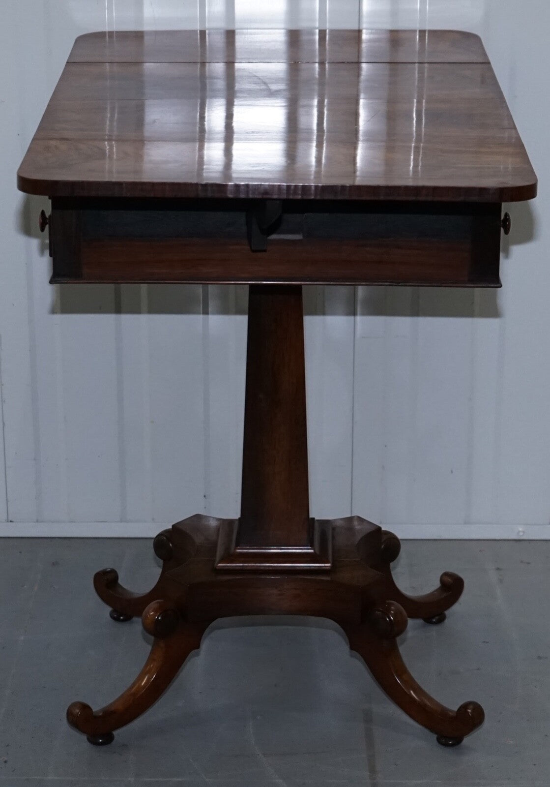 STUNNING REGENCY ROSEWOOD WORK TABLE WITH DROP LEAVES AND TWO DRAWERS