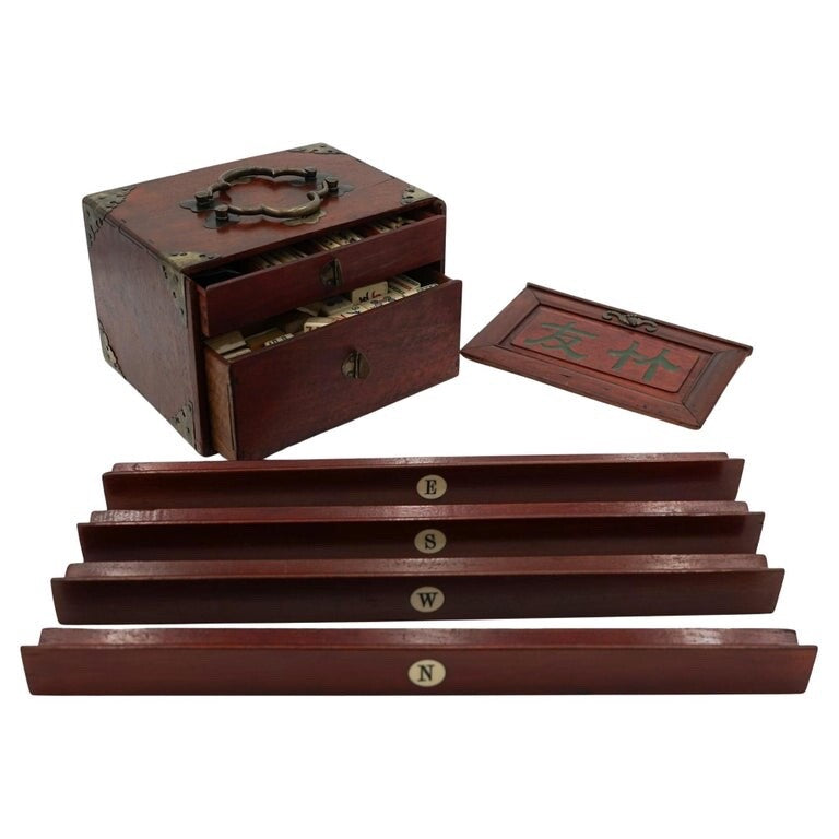 CIRCA 1910 HAMLEYS LONDON CHINESE BOX MAHJONG SET INCLUDING 4 SEASONS RACKS