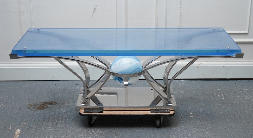 RARE CUSTOM HAND MADE GLASS MARINE GRADE STAINLESS STEEL COFFEE TABLE BY SOLIART