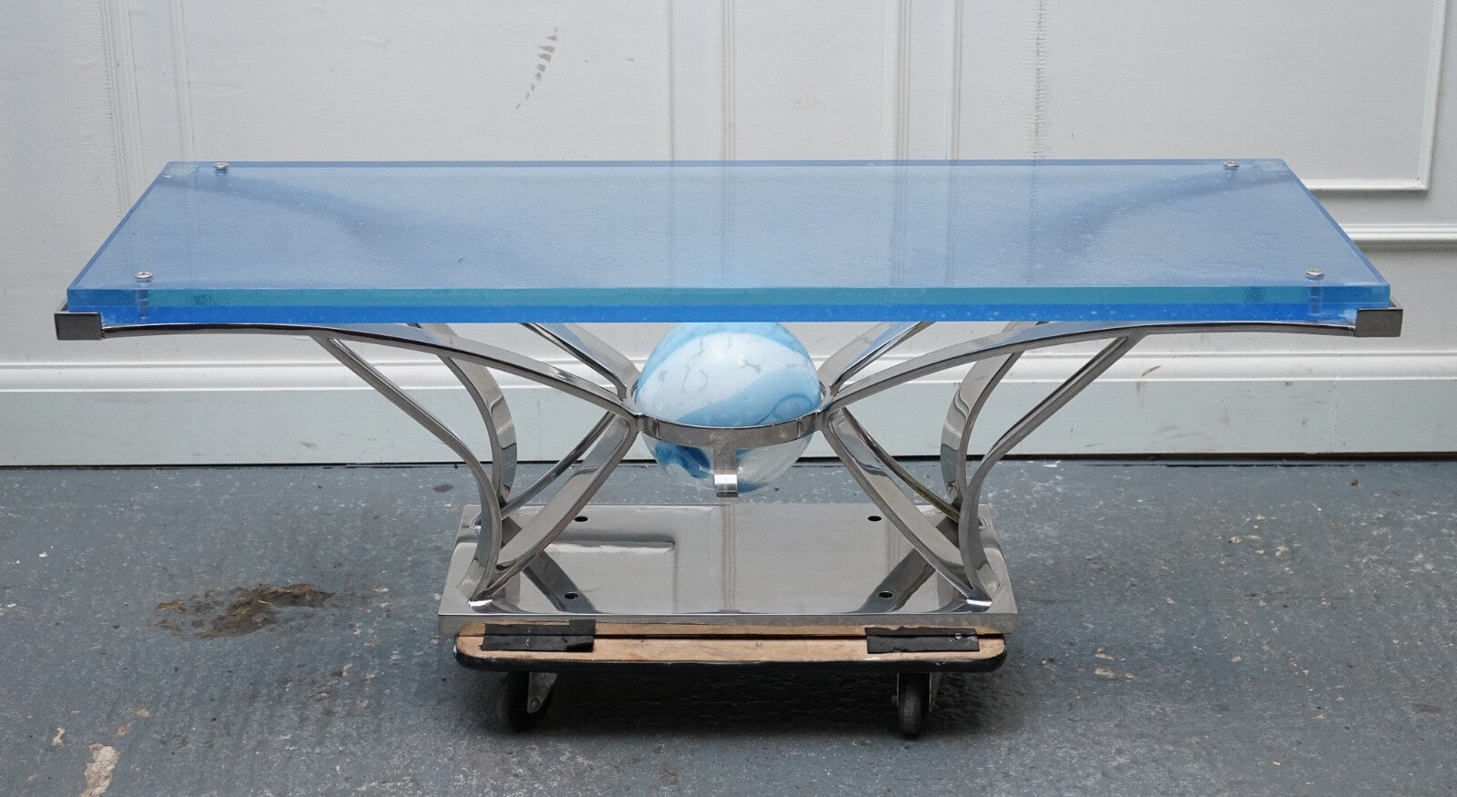 RARE CUSTOM HAND MADE GLASS MARINE GRADE STAINLESS STEEL COFFEE TABLE BY SOLIART