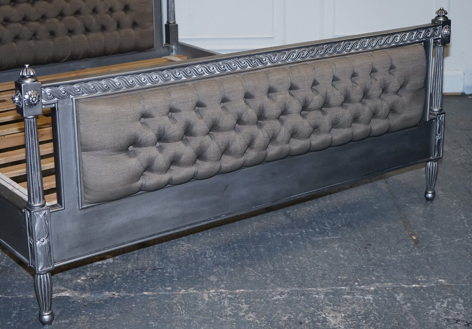 BEAUTIFUL FRENCH SILVER FRAME BUTTON BACKED KING SIZE WOODEN BED FRAME