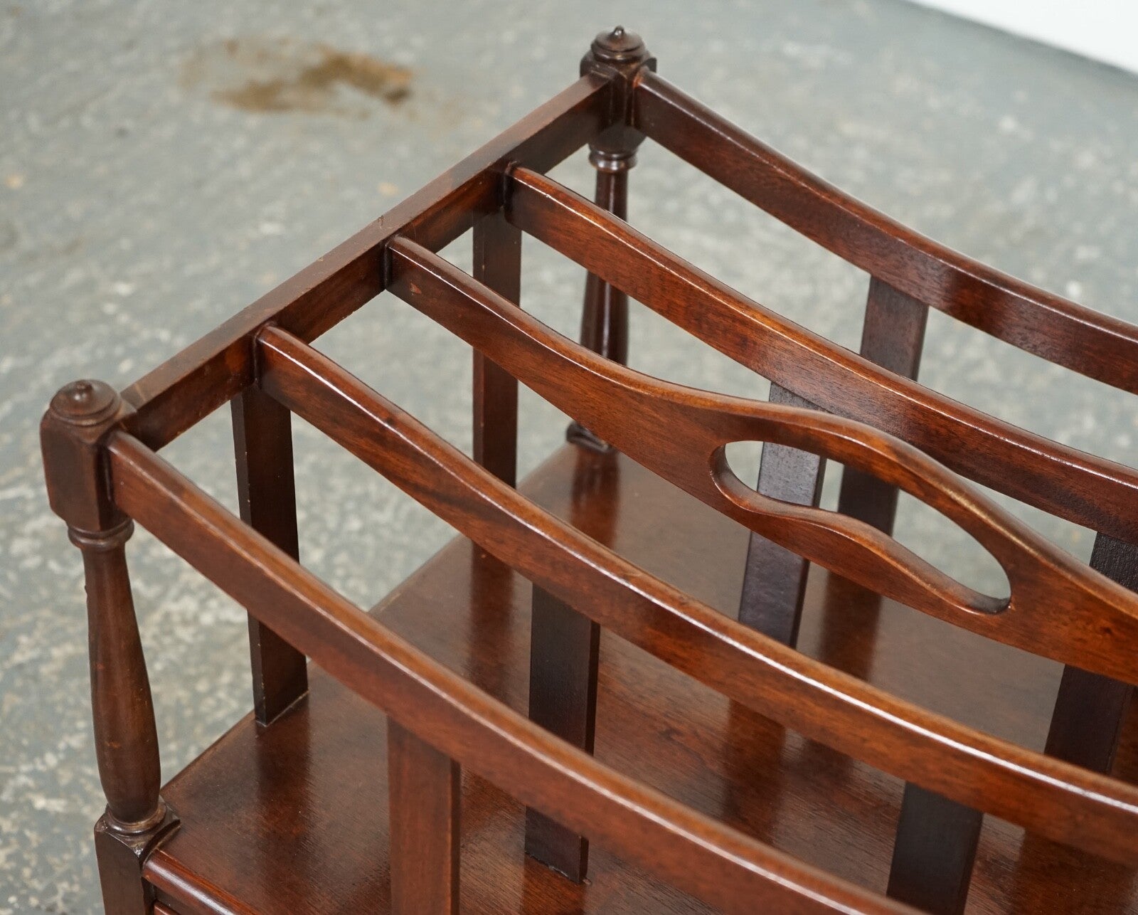 VINTAGE MAHOGANY CANTERBURY NEWSPAPER RACK WITH BRASS HANDLES
