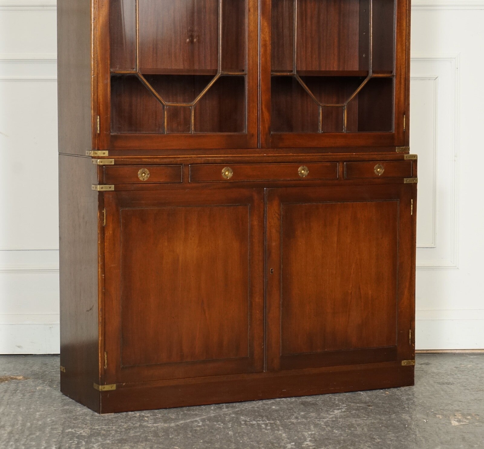 VINTAGE BEVAN FUNNELL MILITARY CAMPAIGN ASTRAL GLAZED LIBRARY DISPLAY CABINET