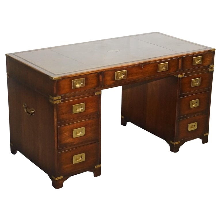 MILITARY CAMPAIGN TWIN PEDESTAL DESK WITH AGED GREEN LEATHER TOP BEVAN FUNELL