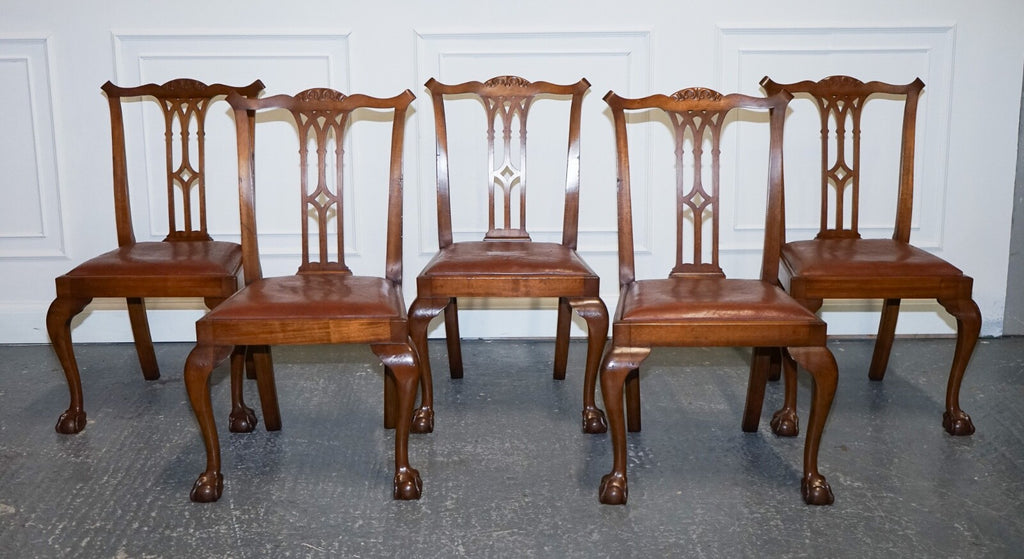 CHIPPENDALE STYLE 5 DINING CHAIRS WITH LEATHER SEATS PERFECT FOR ROUND TABLE