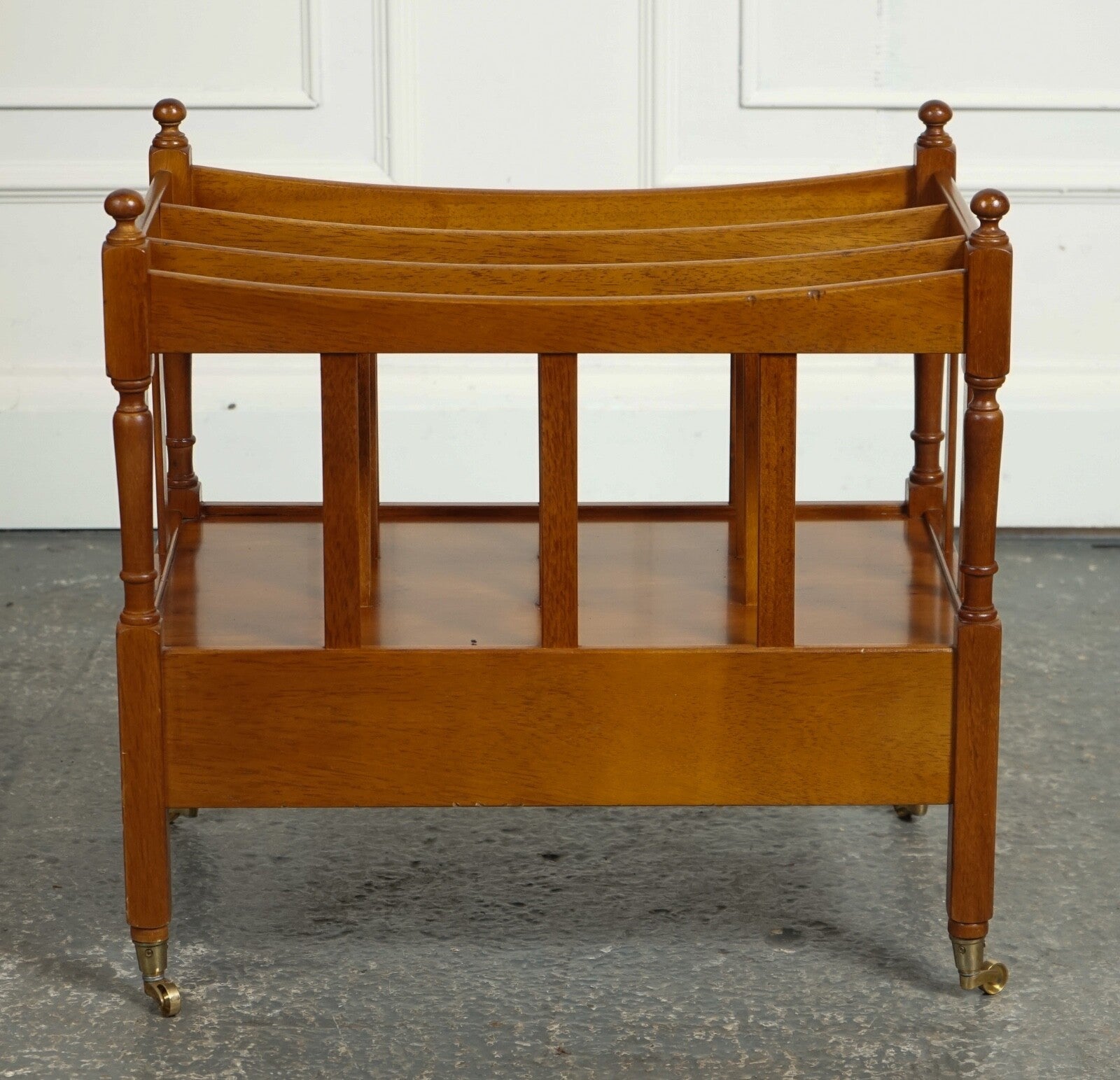 VINTAGE YEW WOOD CANTERBURY NEWSPAPER RACK WITH BRASS HANDLES AND DRAWER J1