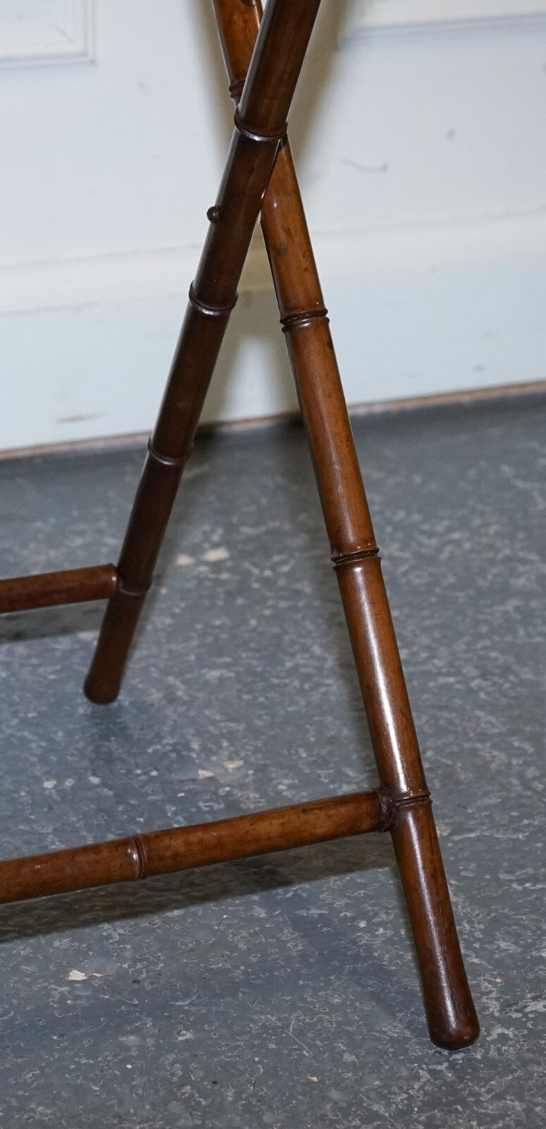 VICTORIAN DOUBLE SIDED SERVING TRAY ON BAMBOO STAND BRASS HANDLES MARQUETRY TOP
