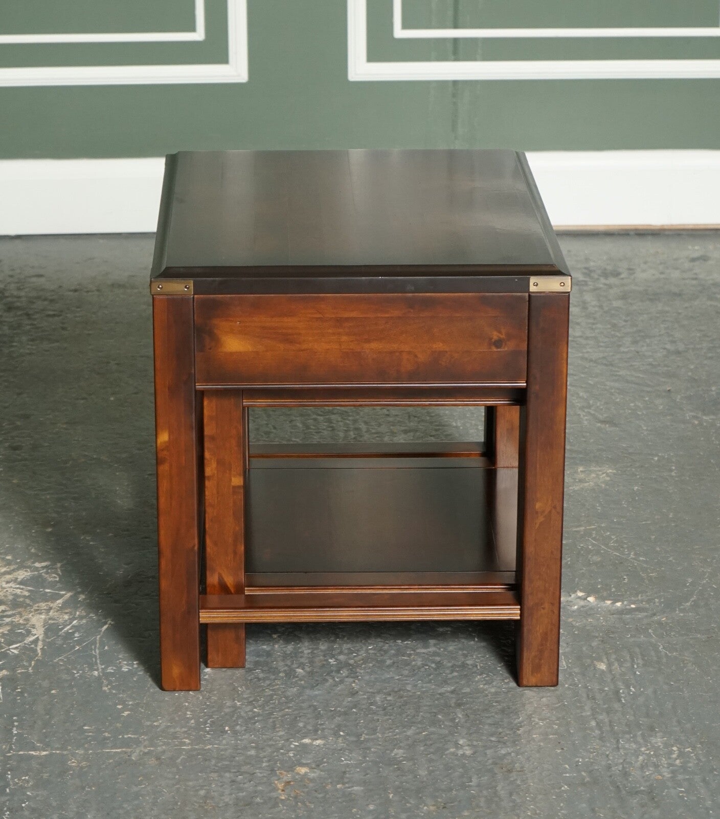 VINTAGE MAHOGANY & BRASS MILITARY CAMPAIGN NEST OF TABLES WITH DRAWER
