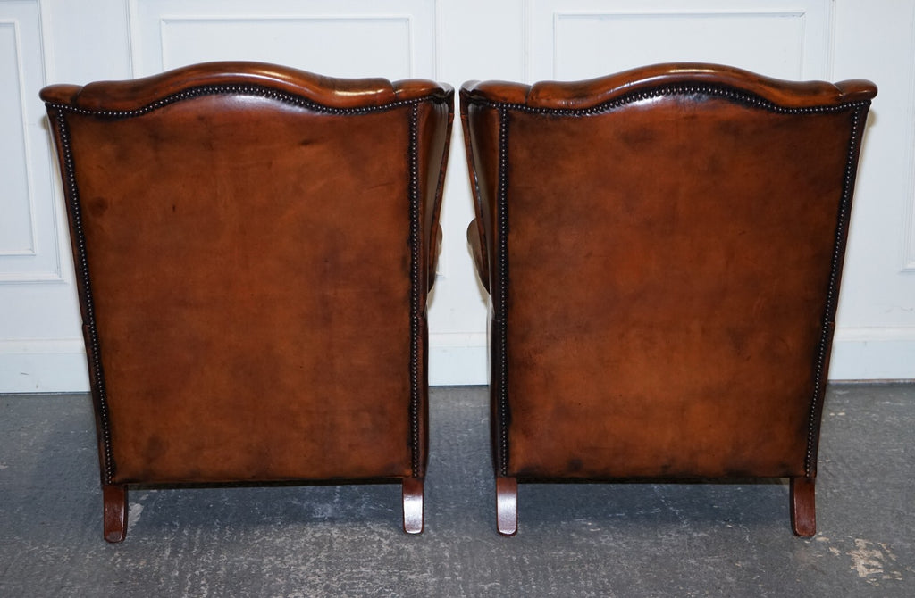 ANTIQUE PAIR OF DUTCH HAND DYED BROWN CATTLE LEATHER WINGBACK ARMCHAIRS