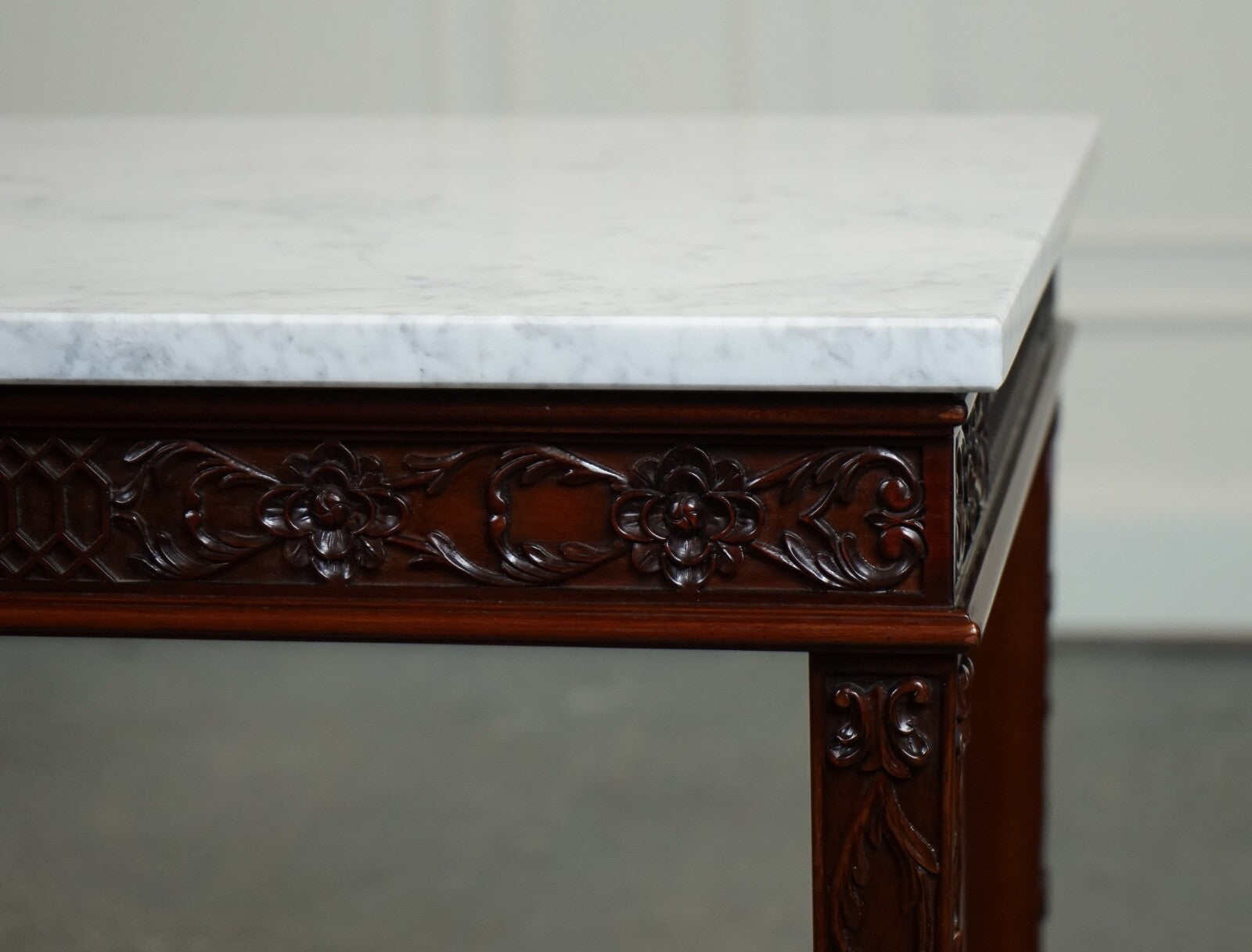 PAIR OF CHIPPENDALE STYLE CONSOLE TABLES WITH NEW WHITE CARRARA MARBLE TOPS