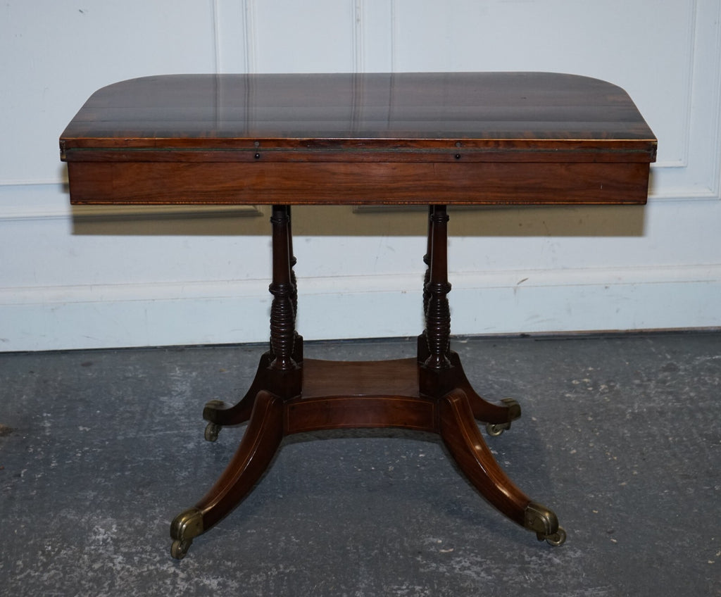FULLY RESTORED GEORGIAN GAMES CARD FOLDING TABLE ON ORIGINAL BRASS CASTORS