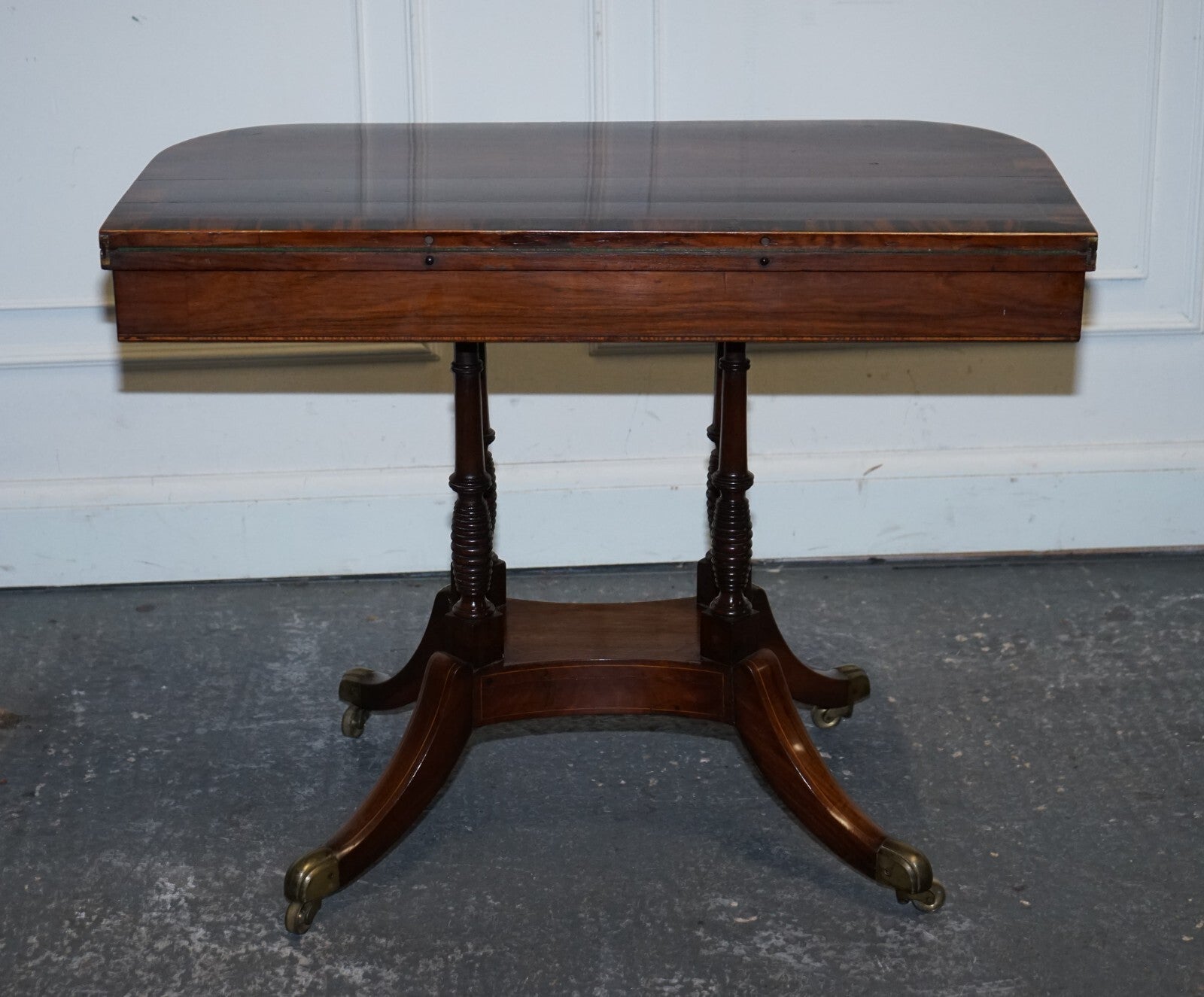 FULLY RESTORED GEORGIAN GAMES CARD FOLDING TABLE ON ORIGINAL BRASS CASTORS