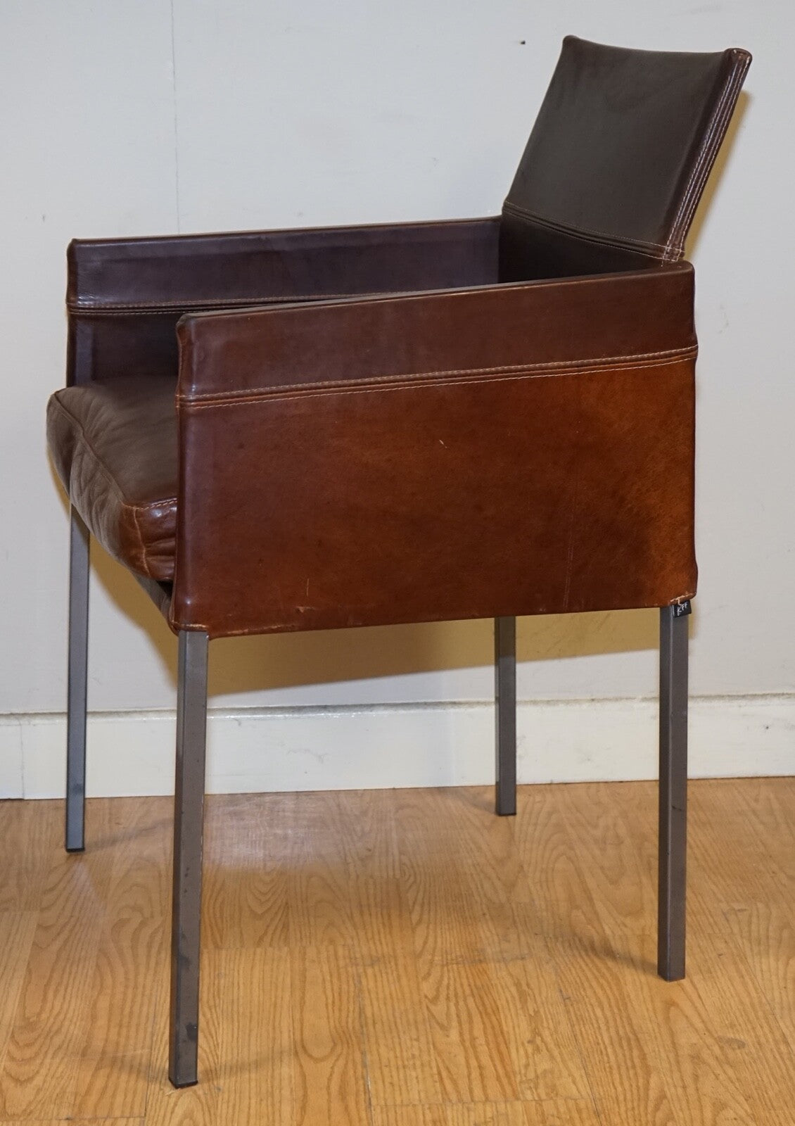 VINTAGE BROWN LEATHER AND STEEL TEXAS DINING CHAIR BY KARL FRIEDRICH FÖRSTER