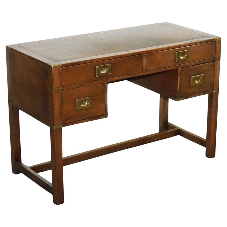 VINTAGE HARRODS LONDON KENNEDY MILITARY CAMPAIGN LEATHER TOP WRITING TABLE DESK