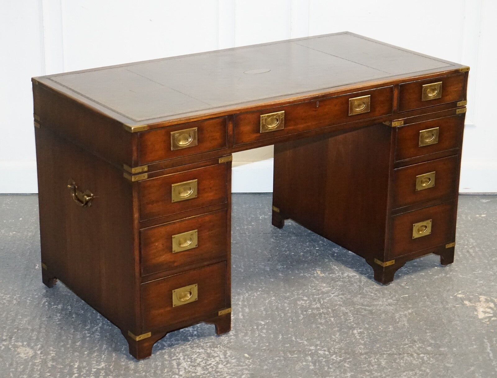 MILITARY CAMPAIGN TWIN PEDESTAL DESK WITH AGED GREEN LEATHER TOP BEVAN FUNELL