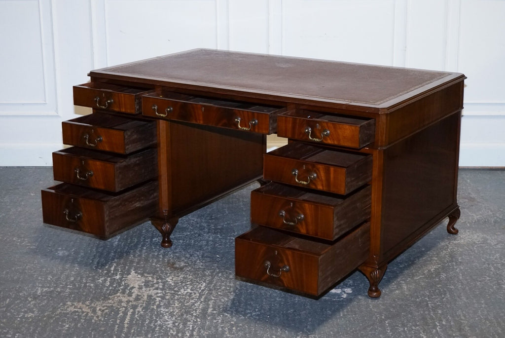 RARE GLOBE WERNICKE BURGUNDY EMBOSSED LEATHER TOP TWIN PEDESTAL DESK