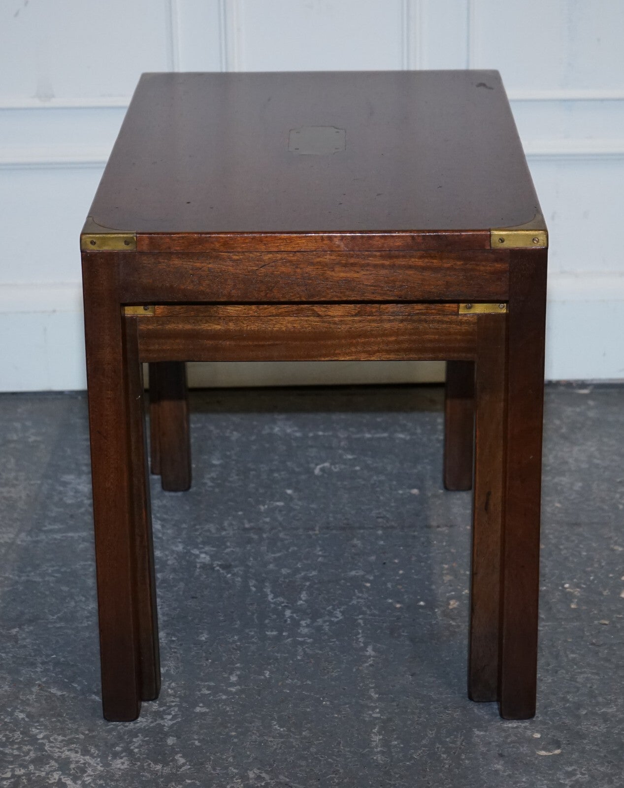 VINTAGE LONDON HARRODS KENNEDY MILITARY CAMPAIGN NEST OF TWO TABLES BRASS DETAIL