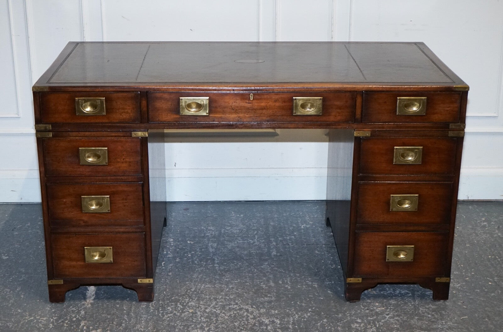 MILITARY CAMPAIGN TWIN PEDESTAL DESK WITH AGED GREEN LEATHER TOP BEVAN FUNELL