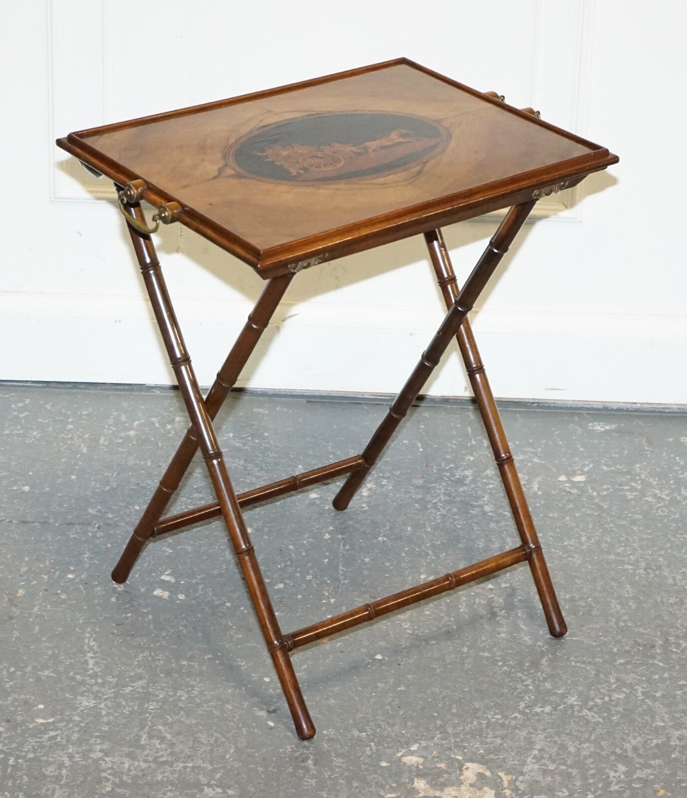 VICTORIAN DOUBLE SIDED SERVING TRAY ON BAMBOO STAND BRASS HANDLES MARQUETRY TOP