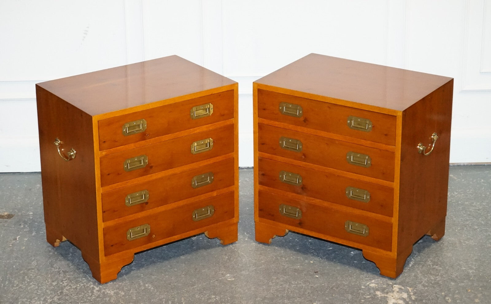 PAIR OF VINTAGE MILITARY CAMPAIGN YEW WOOD CHEST OF DRAWERS END TABLES