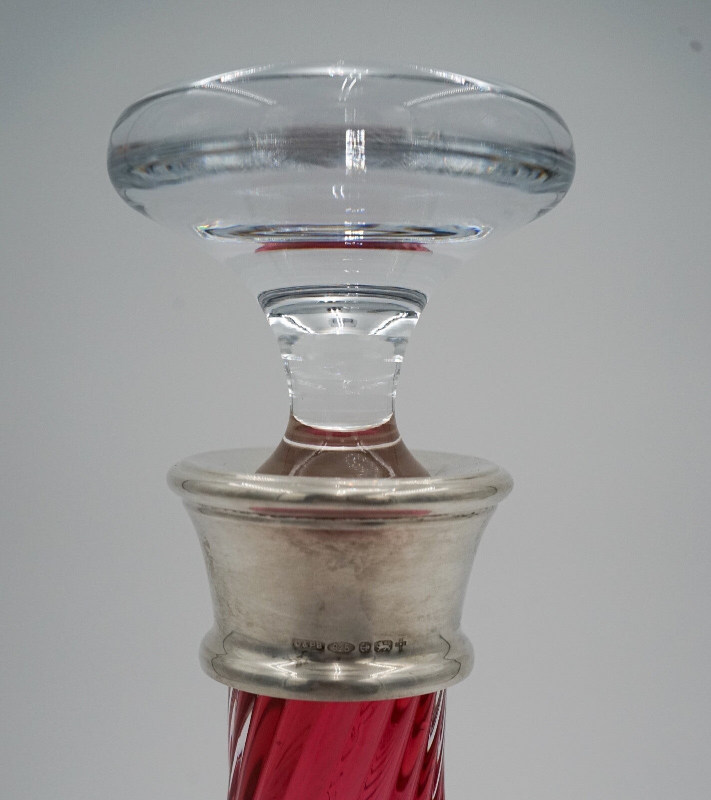 SILVER COLLARED HAND BLOWN CRANBERRY CRYSTAL DECANTER HARDWICKE COLLECTION