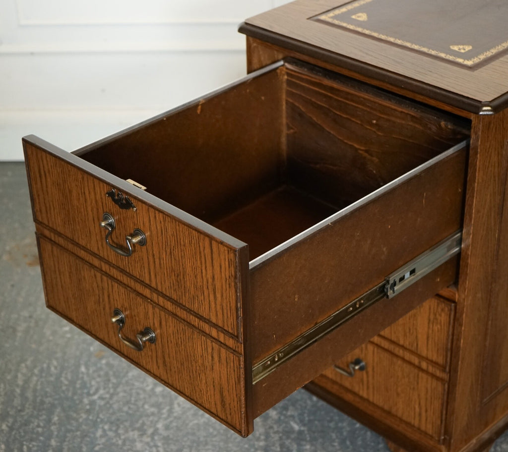VINTAGE OAK OFFICE FILLING CABINET TWO DRAWERS BROWN LEATHER TOP PART OF SUITE