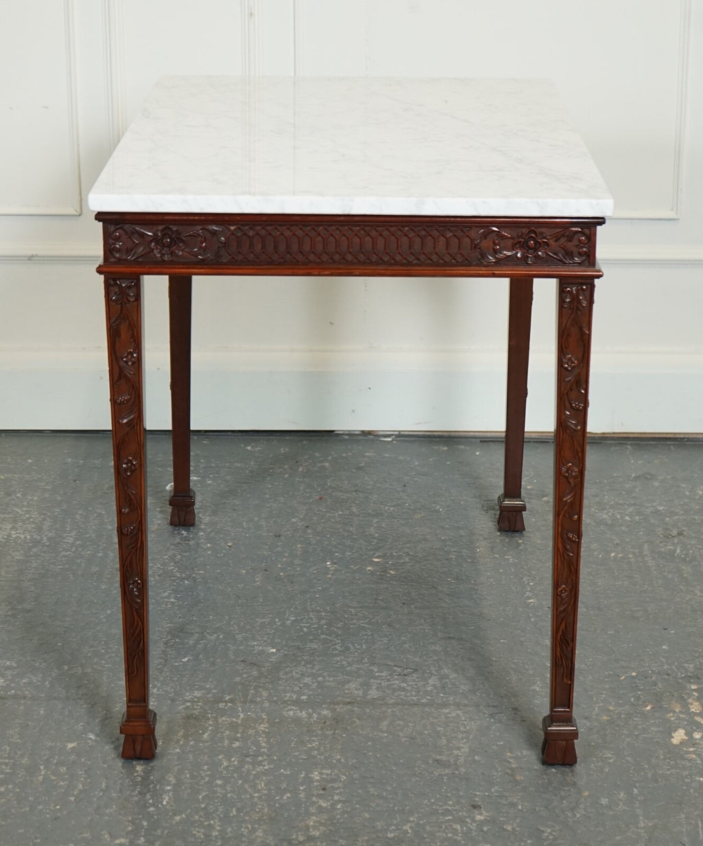 PAIR OF CHIPPENDALE STYLE CONSOLE TABLES WITH NEW WHITE CARRARA MARBLE TOPS