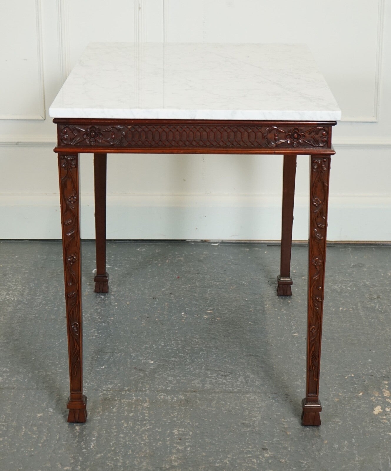 PAIR OF CHIPPENDALE STYLE CONSOLE TABLES WITH NEW WHITE CARRARA MARBLE TOPS