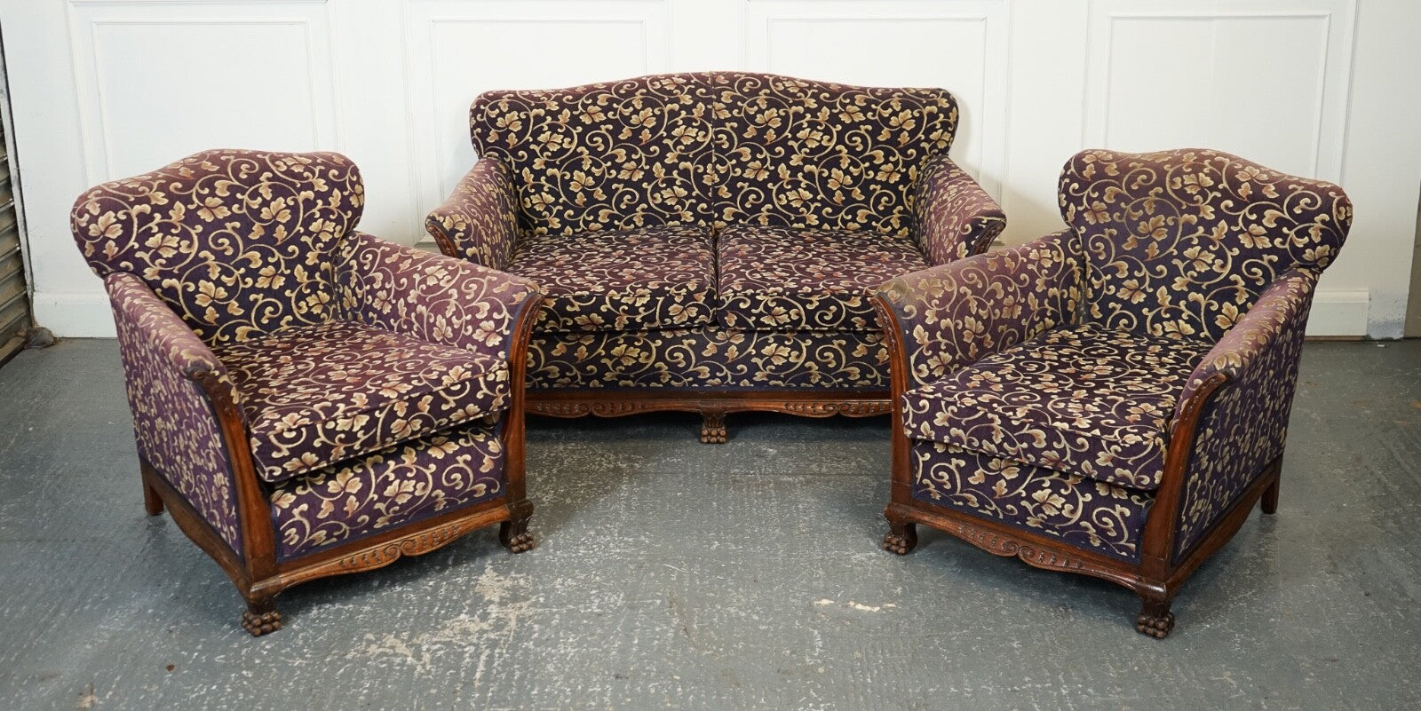 VICTORIAN FABRIC BERGERE SUITE SOFA AND TWO ARMCHAIRS UPHOLSTERY PROJECT J1