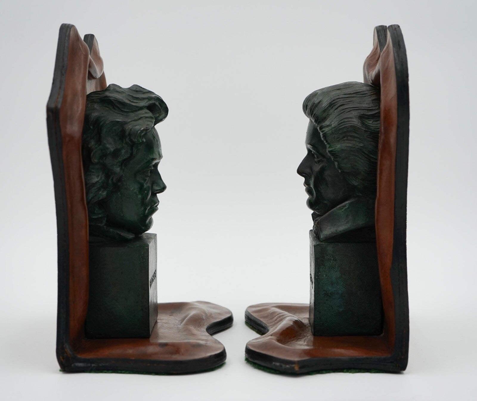VERY RARE MOZART AND BEETHOVEN LEATHER BOOKENDS WITH LOVELY PATINA