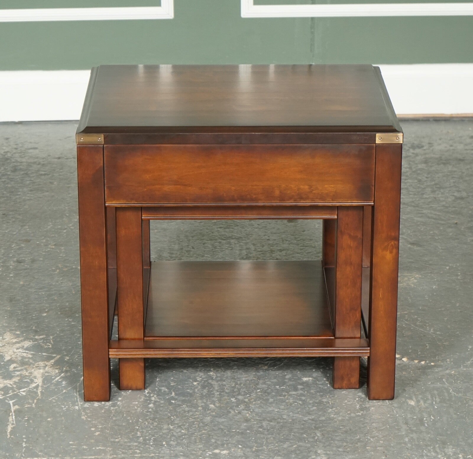 VINTAGE MAHOGANY & BRASS MILITARY CAMPAIGN NEST OF TABLES WITH DRAWER