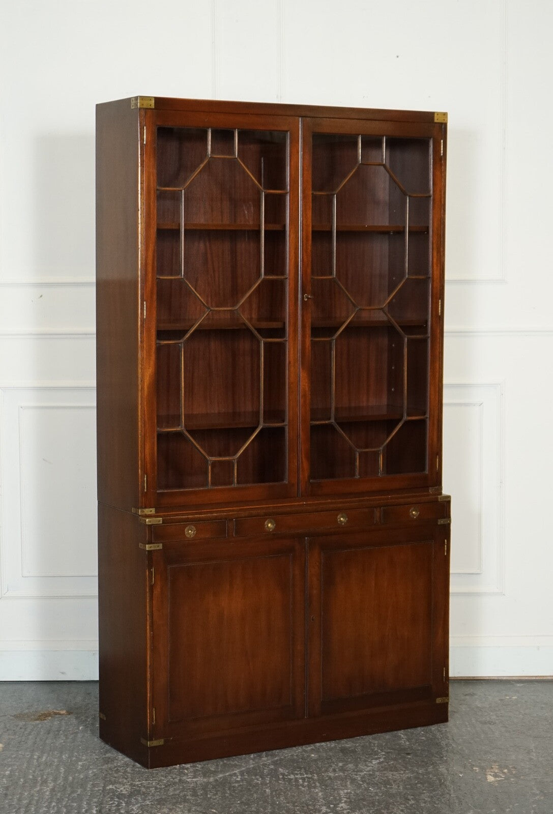 VINTAGE BEVAN FUNNELL MILITARY CAMPAIGN ASTRAL GLAZED LIBRARY DISPLAY CABINET