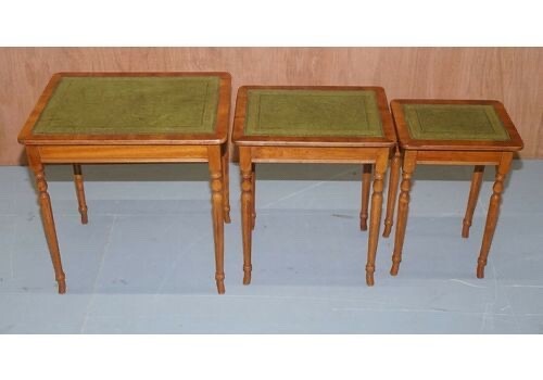 Nest Of Three Yew Wood Green Leather Top & Gold Leaf Embossed Side Tables