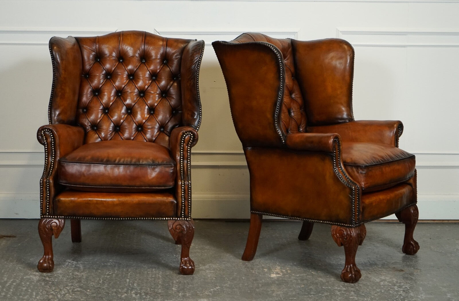 RESTORED PAIR OF HAND DYED BROWN LEATHER CHESTERFiELD WINGBACK ARMCHAIRS