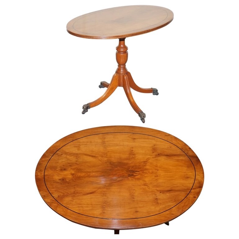 LOVELY VINTAGE OVAL BURR YEW WOOD SIDE TABLE ON TRIPOD LEGS